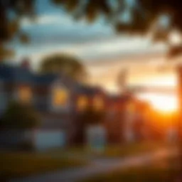 A serene neighborhood showcasing houses for sale with a sunset in the background.