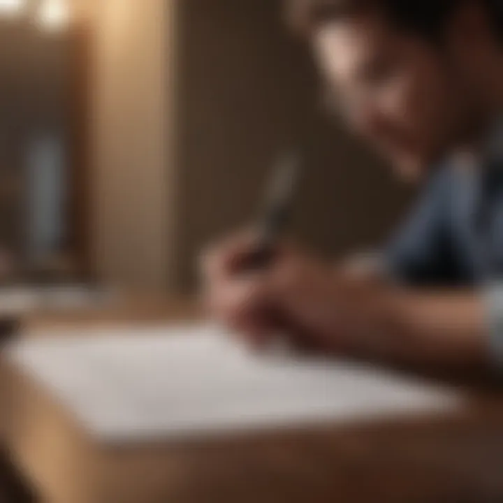 A focused individual reviewing a business proposal with a pen in hand.