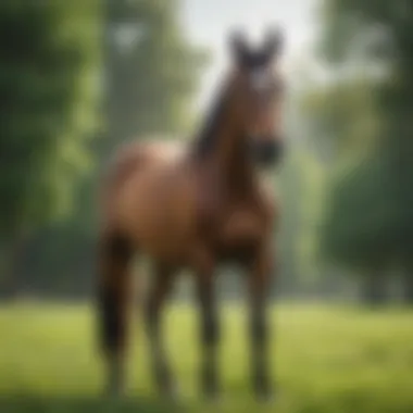 Thoroughbred horse standing in a lush green pasture