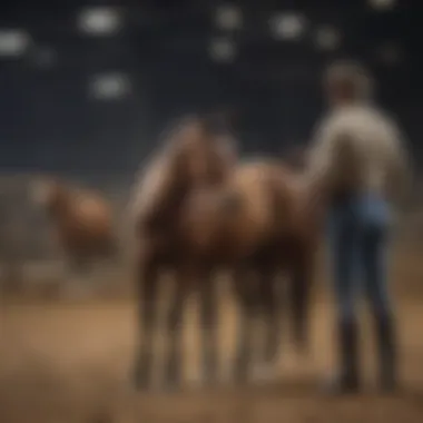 Horse trainer working with a young colt in an arena