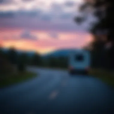 A scenic view of an RV on a picturesque road