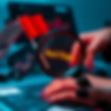 Spotting Red Flags Magnifying glass highlighting suspicious online activity.