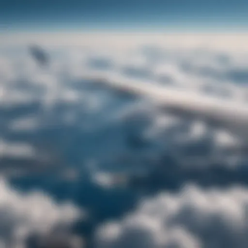 A scenic view from an airplane window showcasing clouds and a blue sky