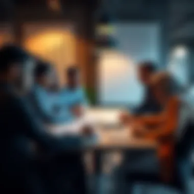 A diverse group collaborating around a table with charts