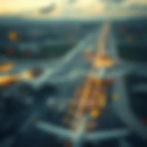 Aerial Perspective of Dynamic Airport Operations A bird's eye view of a busy airport runway with planes taking off.